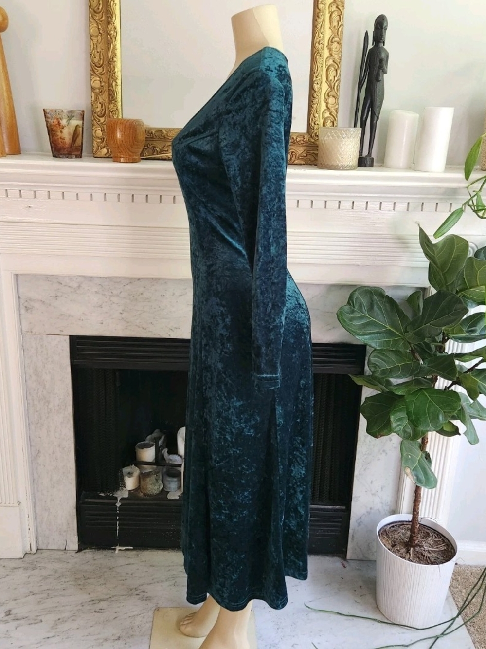 Vintage 80s All That Jazz Green Dress Size M Crushed Velvet Midi Whimsigoth Boho - Picture 4 of 9